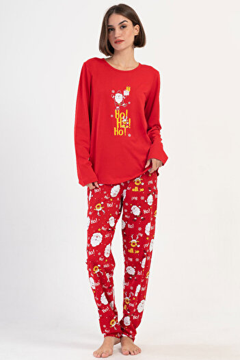 VİENETTA Red Hoho Patterned Women's Plus Size Cotton Pajama Set