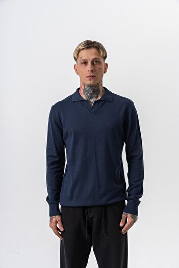 Respire Men's Cotton Blend Polo Neck Knitted Sweater Navy Blue