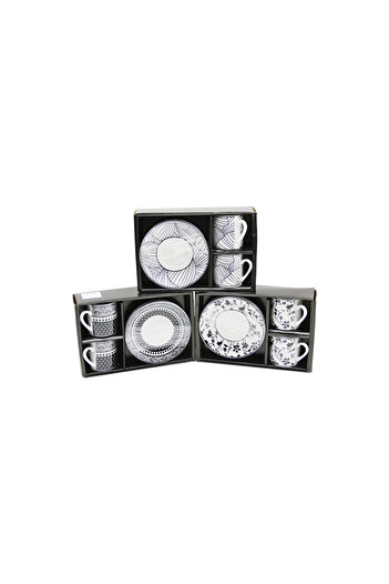The LOG INVEST Black - White 4Pcs=2-Set Porcelain Coffee Cup Flower - Line - Dot Mix Pattern