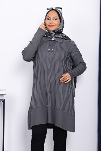 İmajButik Smoked Shirt Collar Cold Yarn Knitwear Tunic