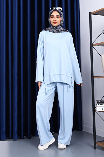 İmajButik Baby Blue Modal Tunic Pants Set with Front Detail
