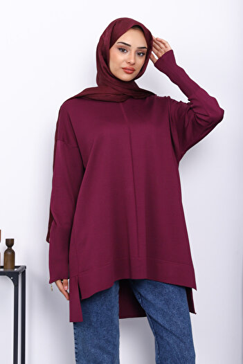 İmajButik Plum Sleeve Zippered Cold Thread Knitwear Tunic