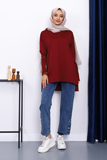 İmajButik Burgundy Sleeve Zippered Cold Thread Knitwear Tunic
