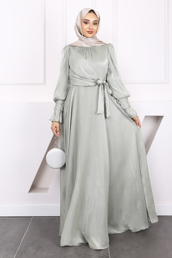 İmajButik Mint Green Side Tie Sleeve Detailed Evening Dress
