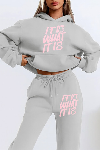 CLASSY.MODA Women's 3 Thread Hooded Kangaroo Pocket Sweatpants Set with It Is What It Is Letter Print