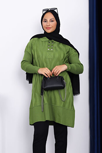İmajButik Oil Green Shirt Collar Cold Yarn Knitwear Tunic