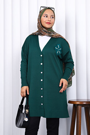 İmajButik Emerald Green Buttoned Cold Yarn Knitwear Cardigan
