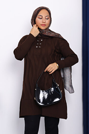 İmajButik Brown Shirt Collar Cold Yarn Knitwear Tunic