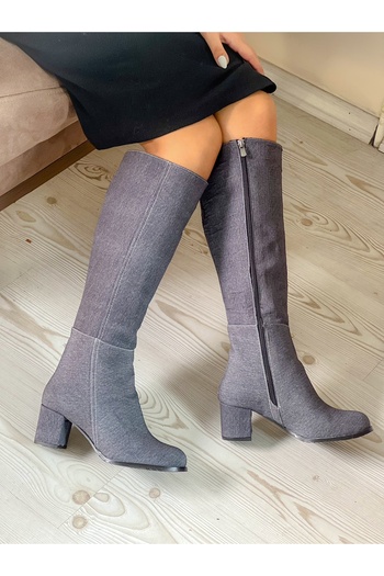 BERFONA Feli̇pe Gray Denim 5 cm Heel over the Knee Boots