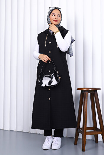 İmajButik Black Hooded Quilted Long Vest