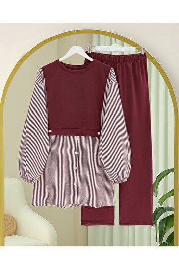 Modamorfo Combed Cotton Suit with Elastic Sleeves and Striped Shirt Detail - Burgundy