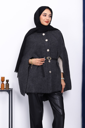 İmajButik Anthracite Belted Knitted Poncho
