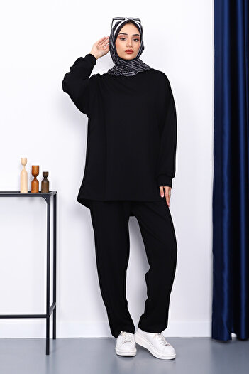 İmajButik Black Crew Neck Tunic Trousers Suit