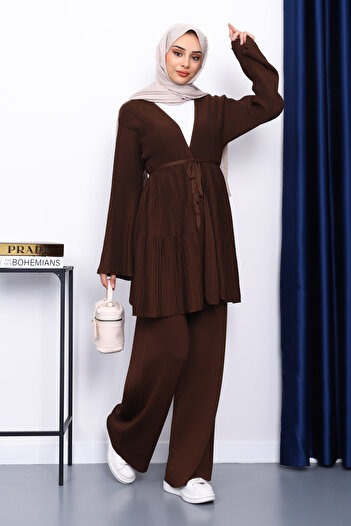 İmajButik Brown Waist Belted Cardigan Trouser Suit