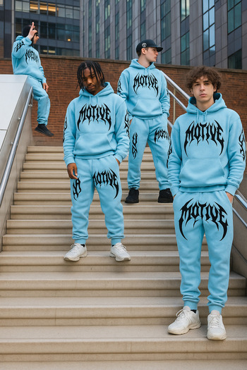 CLASSY.MODA Unisex Σετ αθλητικής φόρμας με κουκούλα με 3 κλωστές και τσέπες καγκουρό με στάμπα στο μπροστινό μέρος και στο παντελόνι