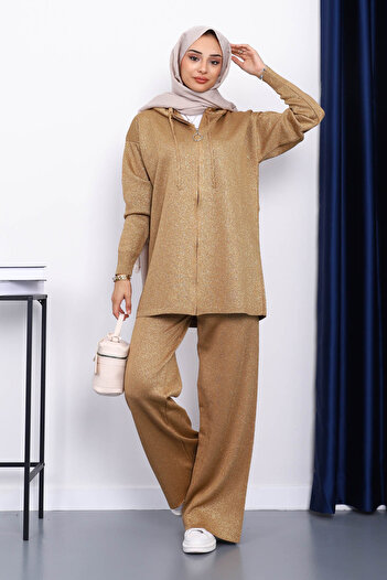 İmajButik Gold Hooded Glitter Knitwear Set