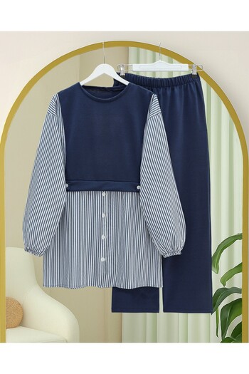 Modamorfo Combed Cotton Suit with Elastic Sleeves and Striped Shirt Detail - Navy