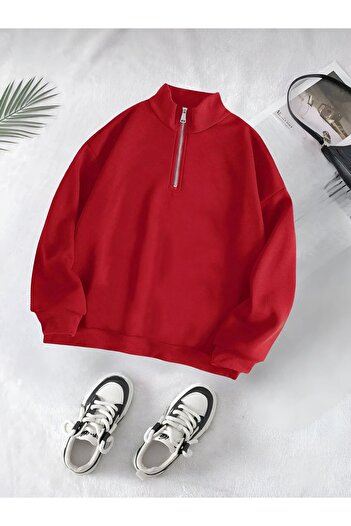 trendgar Red Stand Collar Half Zipper Sweatshirt
