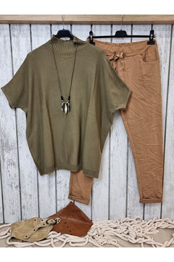 pudubutik High-Necked Khaki Knit Sweater