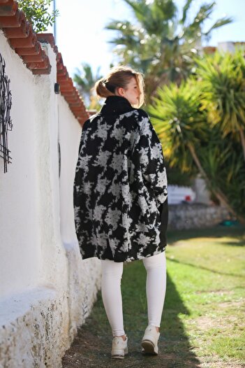 Chiccy Italian Black-Grey Shawl Collar Long Sleeve Patterned Unfastened Pocketed Cashmere Oversize Woven Coat 100 80