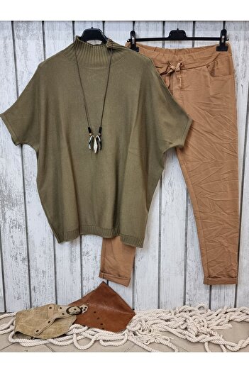 pudubutik High-Necked Khaki Knit Sweater