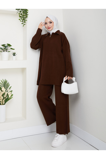 MY QILAM Women's Hijab Set Zippered Pearl Detailed Shirt Collar Knitwear Bottom Top Set Brown
