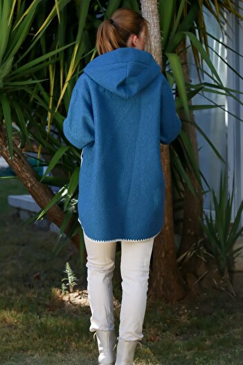 Chiccy Italian Blue Hooded Long Sleeve Zippered Pocket Shepherd Stitch Oversized Woven Jacket 78 75