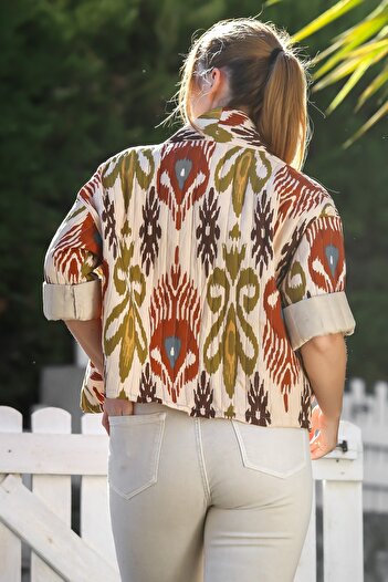 Chiccy Italian Burgundy-Beige Shawl Collar Long Sleeve Kilim Patterned Pocketed Lined Quilted Woven Jacket 57 65