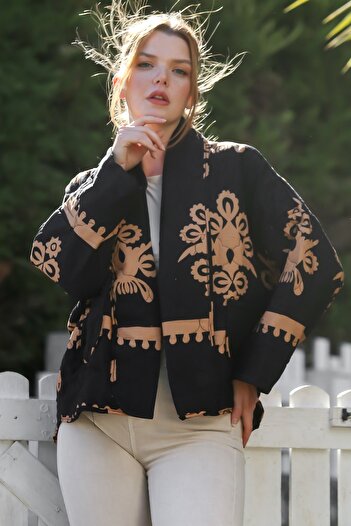 Chiccy Italian Black Shawl Collar Long Sleeve Patterned Pocketed Quilted Back Long Woven Jacket 70 66