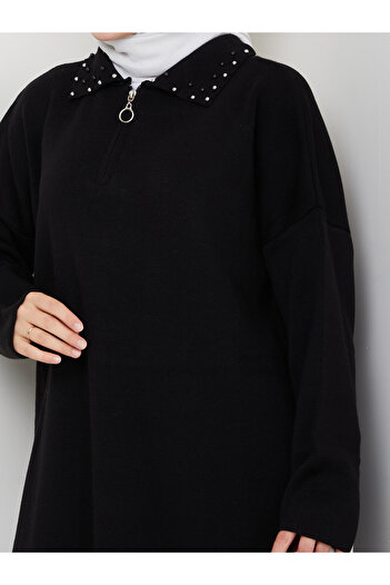 MY QILAM Women's Hijab Set Zippered Pearl Detailed Shirt Collar Knitwear Bottom Top Set Black