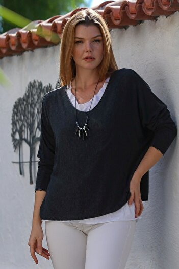 Chiccy Italian Black Pool Collar Long Sleeve Solid Color Slim Two-Piece Set Inside Sleeveless Combed Knitwear Blouse 70 60