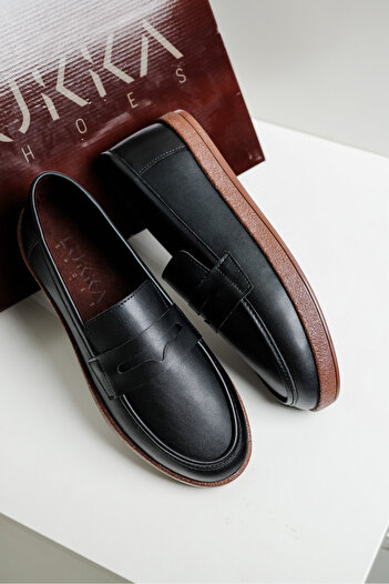 by selvi Lukka Shoes Livya Men's Black Faux Leather Loafer Shoes