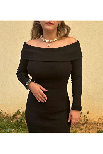 Store Madonna Yaka Pamuklu Fitilli Elbise