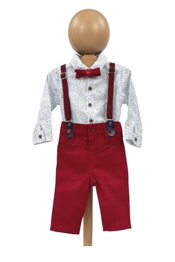 Dumledo Patterned Shirt, Red Pants, Bow Tie and Suspender 4-Piece Baby Boy & Kids Set
