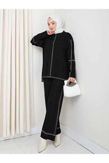 MY QILAM Women's Hijab Set Patterned Half Turtleneck Knitwear Bottom and Top Set Black