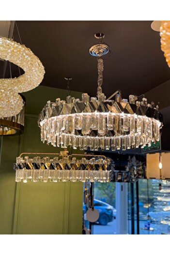 Store Lüks Modern Sarkıt Kristal Taşlı Led Avize Gold Sarı Kumandalı Kademeli 3 Renk Işık 55 Cm Çap