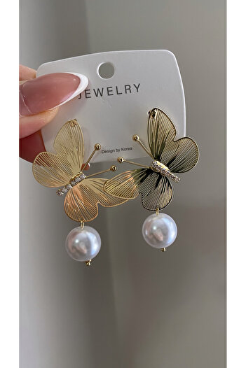 luxyansımalar Butterfly Model Pearl Detailed Elegant Earrings