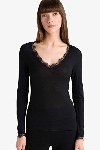 DeFacto Modal Cashmere Soft Textured Lace Long Sleeve Top-Fall in Love F3168Ax25Au