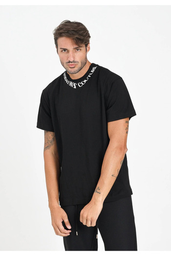 Versace Men's Regular Fit Collar Logo Detailed Cotton Short Sleeve Black T-Shirt 79Gahp03Cj01P-899