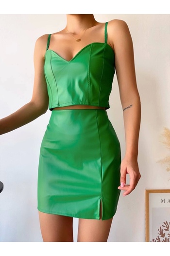 Işıltı kidss Single Slit Back Zipper Leather Skirt Green S24475