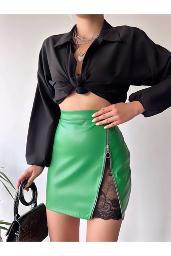 Işıltı kidss Lace-up zippered leather skirt green w24598