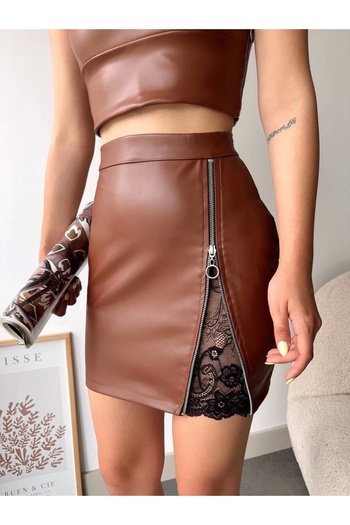 Işıltı kidss Lace Zipper Leather Skirt Coffee W24598