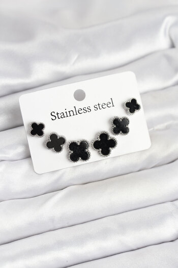 callerrons accessories Silver Black Color 3 Size Clover Earring Set - Ebj250920W37908