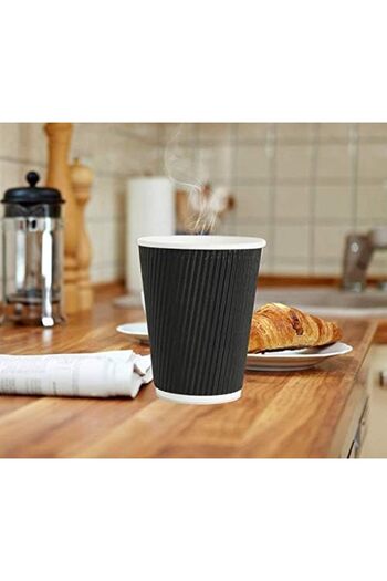 MARKQ [50 Pack] 12oz Black Disposable Coffee & Tea Cups with Lids - Corrugated Triple Wall Paper Cups