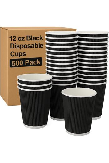 MARKQ [500 Pack] 12oz Black Disposable Coffee Cups - Triple Wall Ripple Paper Cups for Hot & Cold Drinks