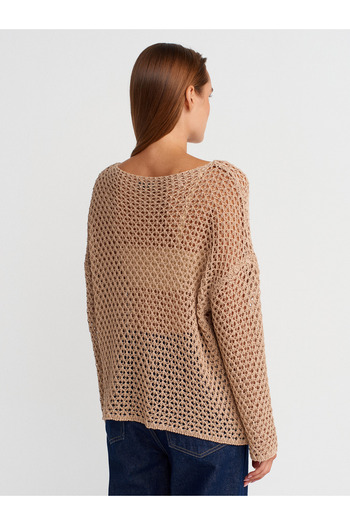 Dilvin 10807 Boat Neck Openwork Knitwear Sweater-Beige