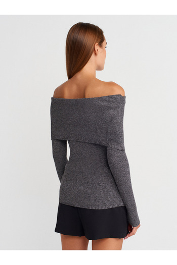 Dilvin 10808 Bardot Collar Ribbed Glitter Knit Sweater-Smoked