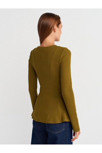 Dilvin 32090 Μακρυμάνικο Peplum Top-Πράσινο λαδί