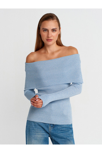 Dilvin 10808 Pulover tricotat cu sclipici cu guler Bardot-albastru