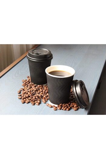 MARKQ [50 Pack] 8oz Black Disposable Coffee & Tea Cups with Lids - Corrugated Triple Wall Paper Cups